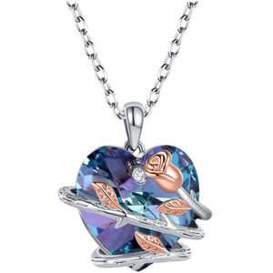 Zilver Ketting 925 Sterling Zilver Paars Hartje met Swarovski® Kristal en Roos - Lengte 45cm