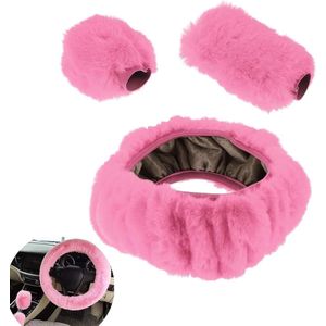 Winter warme autostuurbescherming - 3 stuks universele stuurhoes, handrem schakelafdekking en stuurbeschermer, 38 cm korte pluche - roze