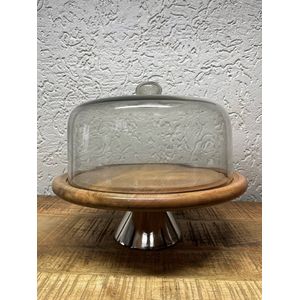 Forse glazen stolp op houten plateau - alu voet - diameter 36 cm