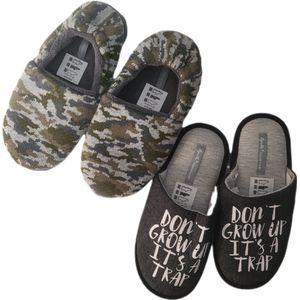 Unisex Instap Pantoffels - Sloffen - Set van 2 Paar - Merk Apollo - Rubberen Profiel zool - Anti slip - Kleur Blauw en gecamoufleerd groen - Tekst met legerprint- Maat 33/34