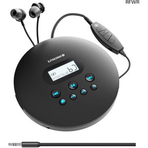 RFWR® Draagbare Bluetooth CD-Speler met Accu | 12 Uur Speeltijd | Anti-Shock | Bluetooth 5.3 | USB-C Opladen | Inclusief Oordopjes & AUX-Kabels | CD/MP3