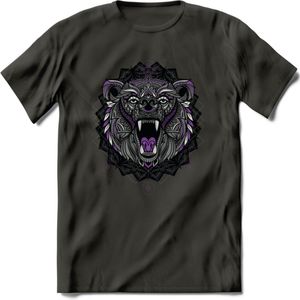 Beer - Dieren Mandala T-Shirt | Paars | Grappig Verjaardag Zentangle Dierenkop Cadeau Shirt | Dames - Heren - Unisex | Wildlife Tshirt Kleding Kado | - Donker Grijs - XXL