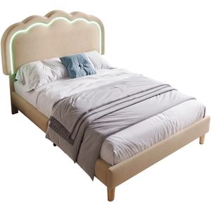 Gestoffeerd Bed LED Eenpersoonsbed 90 x 190 cm, Bedframe met Lattenbodem en Verstelbaar Hoofdeinde, Beige, Bedframe, Fluweel