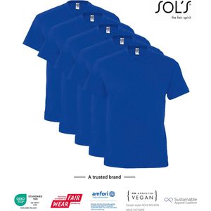 5 Pack SOLS V-hals, Heren T-Shirt 100% katoen V-hals, Konings Blauw, Maat S