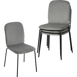 Rootz Velvet Eetkamerstoel Set van 4 - Ergonomische stoelen - Stapelbare stoelen - Metalen poten - Comfort en ondersteuning - Ruimtebesparend ontwerp - 44 cm x 86 cm x 58,5 cm - Donkergrijs