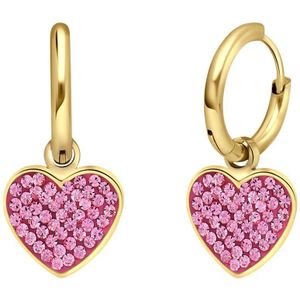 Lucardi Dames Stalen goldplated oorbellen hart met kristal roze - Oorbellen - Staal - Goudkleurig