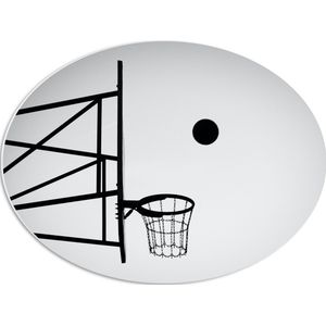 PVC Schuimplaat Ovaal - Bal Vallend in Basket (Zwart-wit) - 56x42 cm Foto op Ovaal (Met Ophangsysteem)