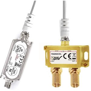TronicXL Premium Sat TV 2-voudige antenneverdeler Amplifier gold splitter met satellietversterker digitale HD I voor satelliet TV DVBT DVBS Unicable 3D 4K HDTV I verdeler zachte inline voor 2 televisies