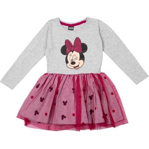 Disney Minnie Mouse Jurk - Lange Mouw - Tule - Grijs/Cerise - Maat 110/116
