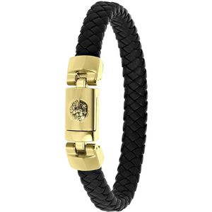 Lucardi Heren Armband zwart leer met leeuw - Leer - Armband - Cadeau - Vaderdag - 22 cm - Goudkleurig