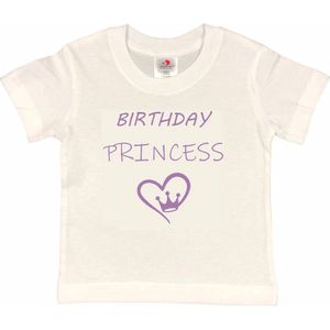 T-shirt Kinderen ""Birthday Princess"" | korte mouw | Wit/lila | maat 158/164 Verjaardag Meisjes Prinses