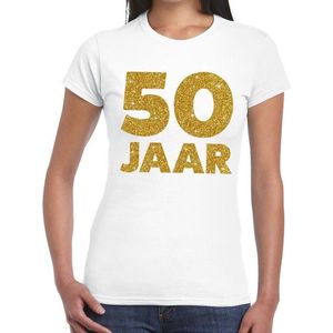50 Jaar gouden glitter verjaardag t-shirt wit dames - dames shirt 50 Jaar - Sarah kleding XL