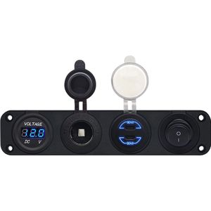 ProRide 12V USB C Autolader 2 Poorten - 30W/QC4.0 - Voltmeter, Schakelaar en 12V/24V Sigarettenplug - Viervoudig inbouw