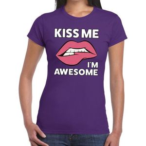 Toppers Kiss me i am awesome t-shirt paars dames - feest shirts dames L
