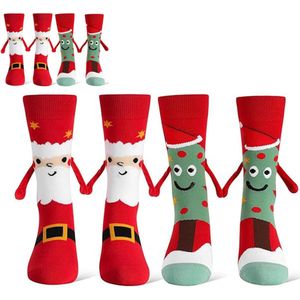 Kerstsokken-kerst sokken-4 paar kerstsokken Holding Hands- grappige kerstsokken voor koppels als cadeau voor mannen en vrouwen - rood - 16x8 cm