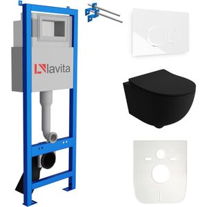 LAVITA® Inbouwreservoir Complete Toiletset LAV 101 - Inbouw WC Hangtoilet Wandcloset BRAVA BLACK Zwart Mat - Bedieningsplaat 200.4.1 Wit - Voorwandelement voor toilet 40cm - Installatiesysteem