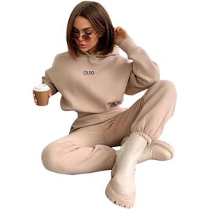 Livano Joggingpak Dames - Huispak - Trainingspak - Volwassenen - Capuchon - Jogging Pak - Joggingbroeken - Broek - Hoodie - Beige - Maat S