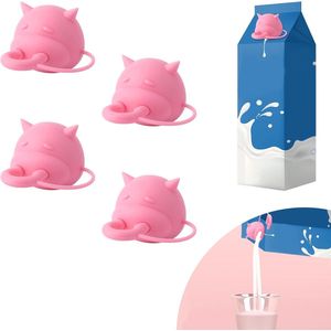4pcs Cow Udder Milk Carton Caps, Silicone Pouring Cap Reusable Pouring Cap Funny Cow Case Creative Gifts for Milk Cartons (Pink)