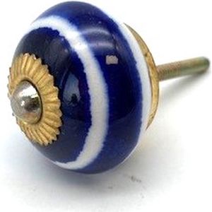 Porseleinen Knop Blauw met witte strepen 40mm handgeschilderd