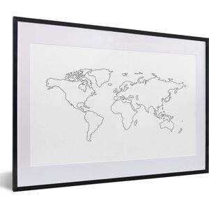 Fotolijst incl. Poster - Wereldkaart - Simpel - Zwart - Wit - 60x40 cm - Posterlijst
