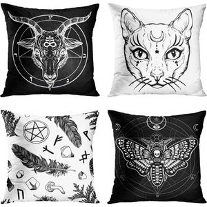 Kussensloop 50 x 50 cm wooncultuur, set van 4 kussenslopen, decoratief voor bed, bank, kussen, bank, outdoor, steenbok, kat, veermot, gothic kussenslopen 50 x 50 inch (zwart en wit)