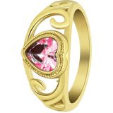 Lucardi Dames vintage ring met hart roze – Maat 47 – 15mm - Ring - Cadeau - Moederdag - Staal goldplated - Goudkleurig