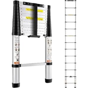 MiShar Telescopische Ladder - Ladder - Trapladder - Vouwladder - 3.8 Meter Max Lengte - Draagkracht 170 Kg - Compact - Telescoopladder aluminium -