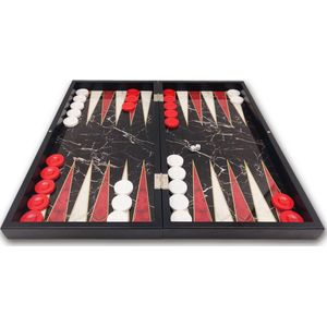 Backgammon zwart/wit - Groot formaat XXL 48cm - Marmer print - Tavla geproduceerd in Turkije - Met schaakbord