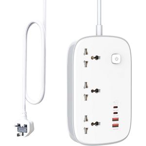 3-voudige Stekkerdoos Met USB-poorten En GaN 65W USB-C lader – Verlengsnoer Met Overspanningsbeveiliging, 2 Meter kabel – Voor Thuis En Kantoor – Wit