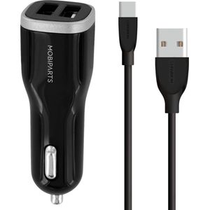 Mobiparts Car Charger Dual USB 24W/4.8A + USB-C Cable - Zwart
