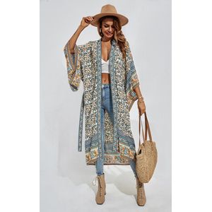 Ontspannen katoenen kimono met blauwe bloemenprint