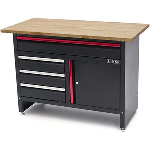 HBM 120 cm Werkbank met 4 Laden , 1 Deur en Houten Blad - Zwart