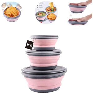 Bowl Sets Voedselopslag Outdoor Servies Siliconen Opvouwbare Lunchbox Draagbare Slakom met Deksel voor Outdoor Camping Wandelen, (Roze)