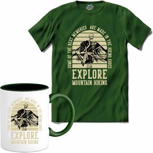 Explore Mountain Hiking | Wandelen - Hiking - Lopen - T-Shirt met mok - Unisex - Bottle Groen - Maat 4XL