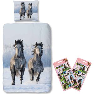 Dekbedovertrek Witte rennende Paarden- Flanel-Katoen- 1 persoons- 140x200- dekbed slaapkamer- Snow Horses, incl. Paardenstickers set