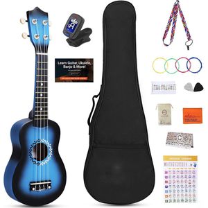Sopraan Ukulele Set voor Kinderen en Beginners – Compleet Starterspakket met Draagtas, Clip-on Tuner, Regenboog Snaren, Kleurrijke Strap, Plectrum, Toetsenbord Stickers en Akkoordkaart – Blauwe Ukulele