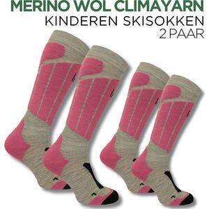 Norfolk Skisokken Kinderen - 2 Paar - Merino Wol Climayarn - Warm en Droog Thermosokken - Antiblaren Skisokken met Schokabsorptie Zonedemping - Maat 35-38 - Roze - Aspen Kids