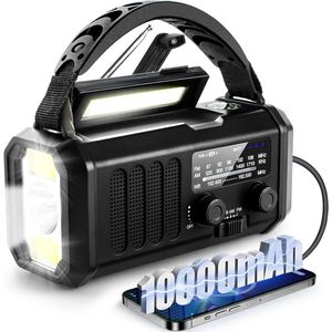 Noodradio - 10000 mAh - Noodradio Solar Opwindbaar - AM/FM - Altijd Overal Ontvangst - Noodpakket voor thuis - Solar en Opwindbaar - Met Krachtige Powerbank - SOS alarm - LED-zaklamp - Helder geluid - Noodpakket - Voor wandelen, stroomuitval - Zwart