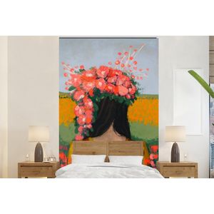 Portret - Bloemen - Vrouw - Rood - Behangpapier