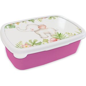 Broodtrommel Roze - Lunchbox - Brooddoos - Olifant - Jungle - Aquarelverf - 18x12x6 cm - Kinderen - Meisje