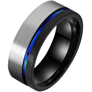 Wolfraam heren ring Groef Zilverkleurig Zwart Blauw-19mm