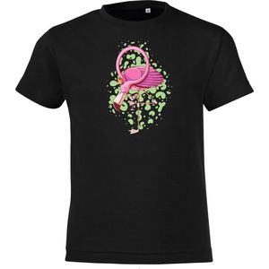 Klere-Zooi - Flamingo met Drankje - Zwart Kids T-Shirt - 128 (7/8 jr)