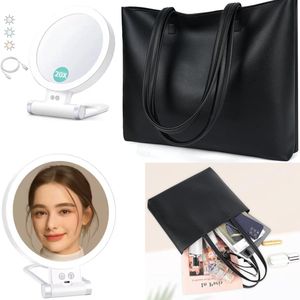 Schoudertas make-up Spiegel voor dames boodschappentas voor dames, grote capaciteit tas van zacht/ MET /Make-up Spiegel dubbelzijdige met Verlichting – 20x1 Vergroting – Touchscreen – 3 Lichtkleuren