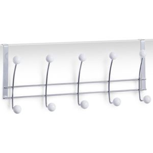 1x Zilver/witte deur kapstokken met 5 haken 42 cm - Zeller - Woonaccessoires - Kleding/jassen ophangen - Handdoeken ophangen - Deur kapstokken