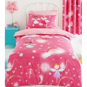 1-persoons meisjes dekbedovertrek (dekbed hoes) fuchsia roze - wit met prinsessen / sprookjes feeën / elfjes met toverstaf en leuke bloemen, regenbogen (regenboog) en sterren eenpersoons 140 x 200 cm (lief beddengoed meiden slaapkamer!)