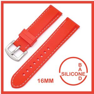 16mm Rubber Siliconen horlogeband Rood met Witte stiksels passend op o.a Casio Seiko Citizen en alle andere merken - 16 mm Bandje - Horlogebandje horlogeband