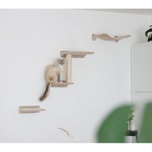 Klimwand voor katten, 5-delig, 2 x treeplank / 1 x sisalzuil / 1 x hangmat, tot 10 kg, beige, krabpaal, muur