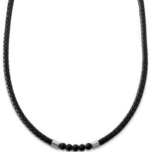 Lucleon - Tenvis - Zwarte leren ketting met onyx en zilverkleurig accent voor heren - 5 mm
