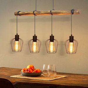 NETTLIFE Hanglamp - hout Design - 4-Lichts - vintage eetkamerlamp - E27 fitting - hanglamp in industrieel met in hoogte verstelbare - Zwart - zonder gloeilamp