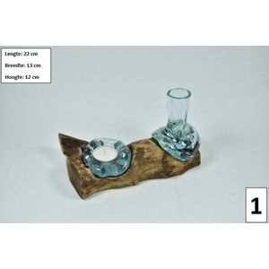 Prohobtools - Gesmolten glas op hout - Kleine Bloemenvaas en Theelichthouder van Gesmolten glas op Hout - Decoratief Beeld - Boomstronk met glas - Ideaal als cadeau